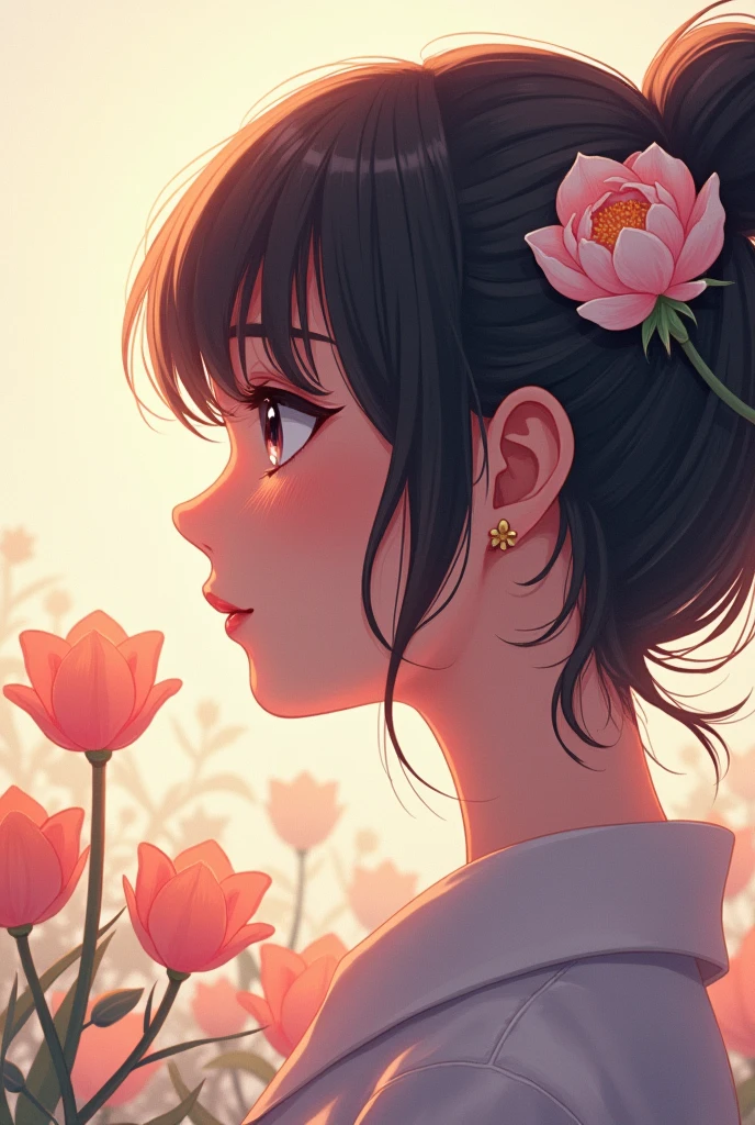 anime girl with flowers in the background, profile of anime girl, beautiful anime portrait, ilya kuvshinov landscape, artwork in the style of guweiz, anime. soft lighting, beautiful anime artwork, guweiz, anime aesthetic, lofi portrait, anime girl portrait profile, young anime girl, digital anime illustration, digital anime art, soft anime illustration