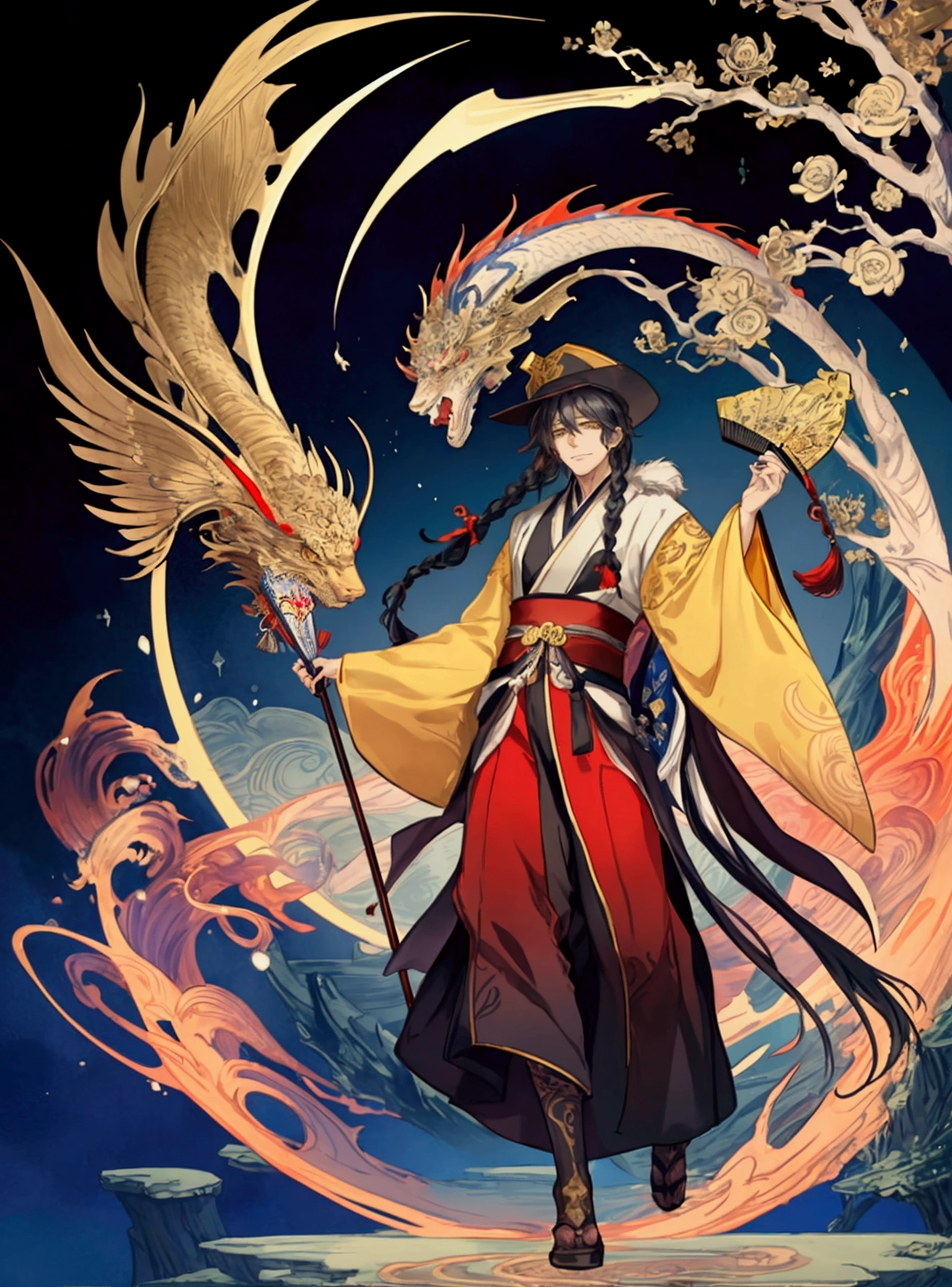(Masterpiece), ((Highest Quality)),(Official Art),mystical beauty:1.2),(1 solo anime man: 1.3). A beautiful wise scholar with long black hair in a braid, yellow eyes, clad in red and golden hanfu, a manchu hat, sly grin, and holds an intricate hand fan. On the background is a large Chinese dragon and magical void swirls. Full body. Detailed picture. Detailed eyes. Masculine jaws. Soft fairytale picture Arthur Rackham-style. Colorful, best detailed ((super detailed)), (highly detailed 2D anime man illustration), ((mystical and beautiful))