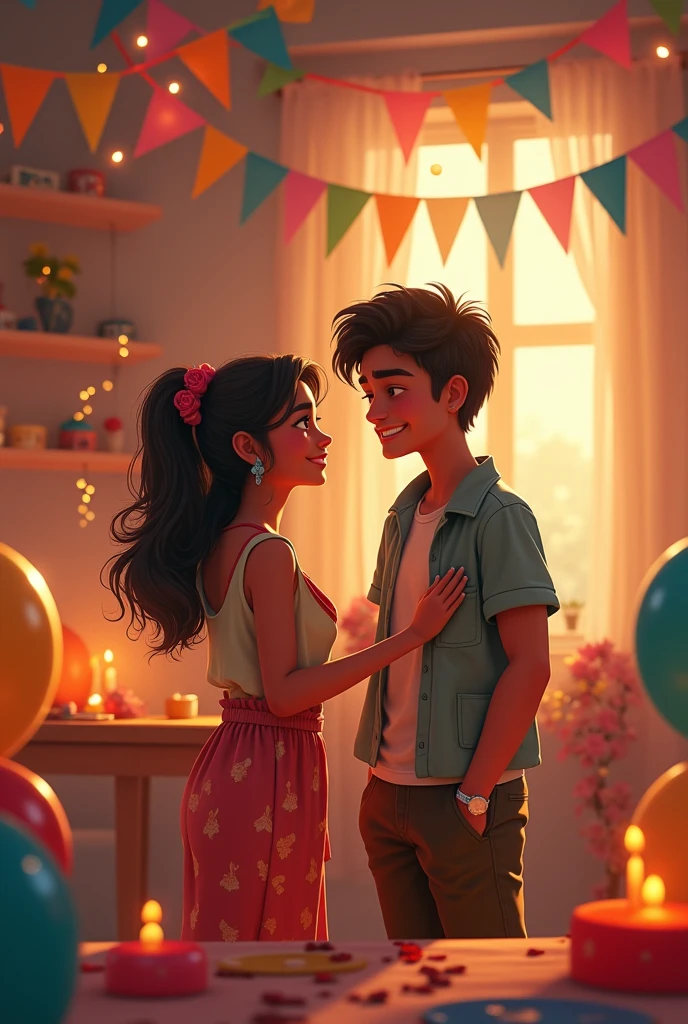Create a colorful and vibrant image of a couple embracing. The couple is dressed in 80s-style clothing, and they are surrounded by flowers, balloons, and other festive decorations. The background of the image is a bright blue sky with fluffy white clouds.In the center of the image, there is a banner with the text "Se amar é brega, então vamos ser bregas juntos!"The image should be at least 851 pixels wide and 315 pixels high.