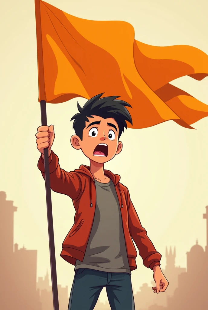Singal young man Protesting with the Hindu saffron-colour flag catoon