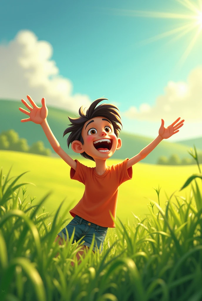 A laughing  waving her hands before a a greenish field in a sunny day
