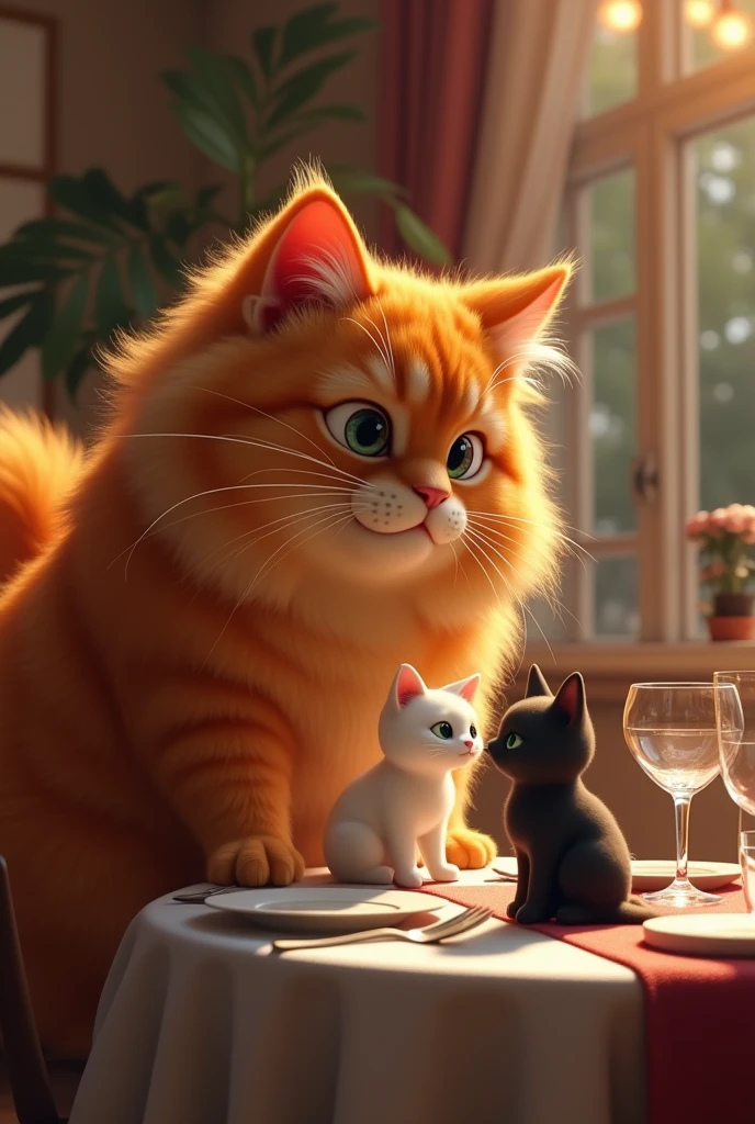 Big fat orange cat finds white beautiful cat on a date with a black cat in a restaurant feeling betrayed and shocked. Please animate it realistic way