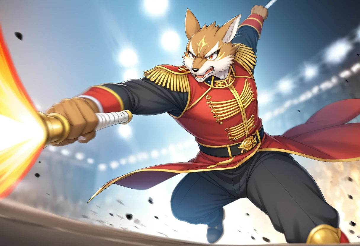 top quality, high-quality illustrations((masterpiece))depth of field, motion blur, absurdres, Perfect Anatomy, magnificent picture of kemono fighting fierce battles, kemono, 1boy, solo focus, Anthro((dramatic))epic, weapon, dynamic pose, One scene of movie,