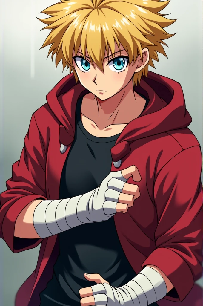Create a male anime character with a look that evokes the strength of a Saiyan warrior. Imagine a young man with blond hair, thick and a little long, reaching the shoulders. The cut is similar to Seiya's from Knights of the Zodiac, with bangs covering the forehead. His eyes are an intense and penetrating blue. As for the clothes, he wears a red long sleeved shirt, with a hood that adds a mysterious air. About the red shirt, a black short-sleeved t-shirt contrasts and gives a casual touch. on the forearm, white bands form a wristband that covers the palm of the hand and the forearm, leaving only the fingers exposed. To end, gray pants complete the look, giving an air of practicality to the character. in the face, an important detail: a small scar, signo