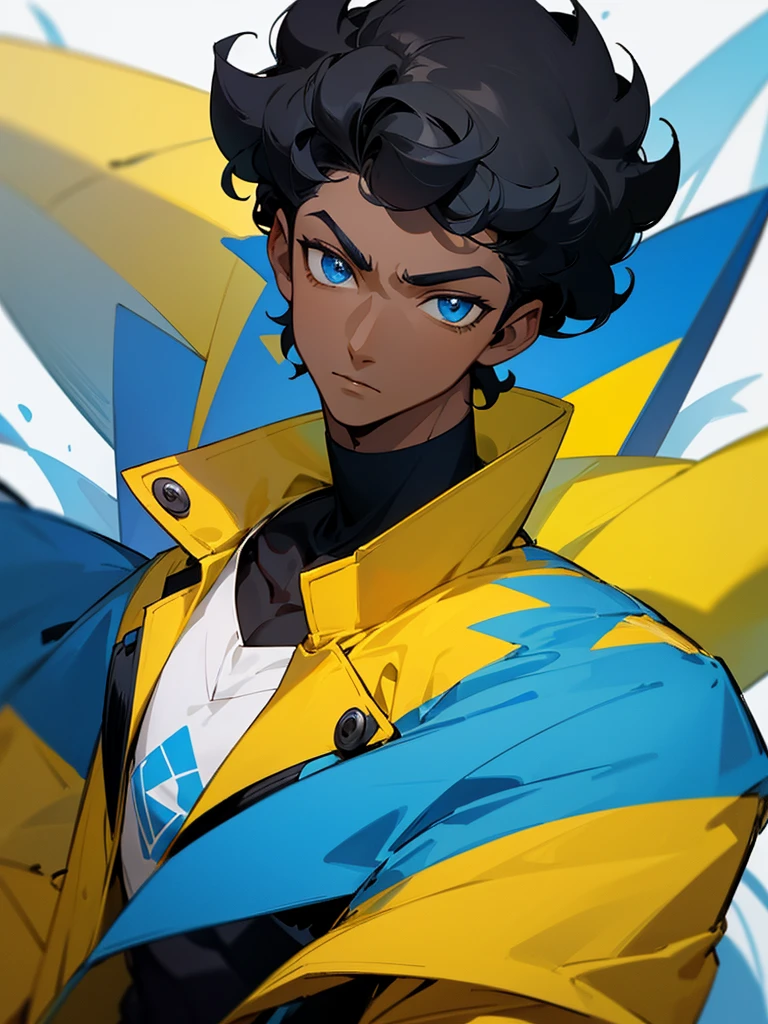 Image of a dark skinned boy with curly black hair, with blue eyes and wearing a yellow shirt and on top a white jacket with blue details based on the style of a pokemon trainer