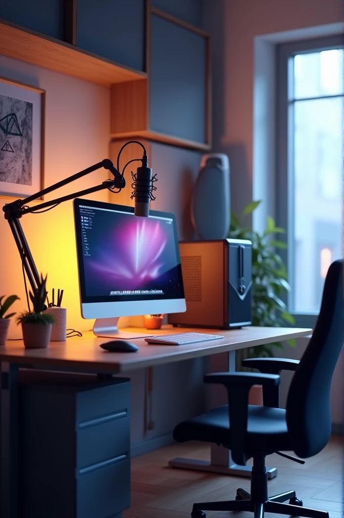 Give me a animated studios with pc and mic