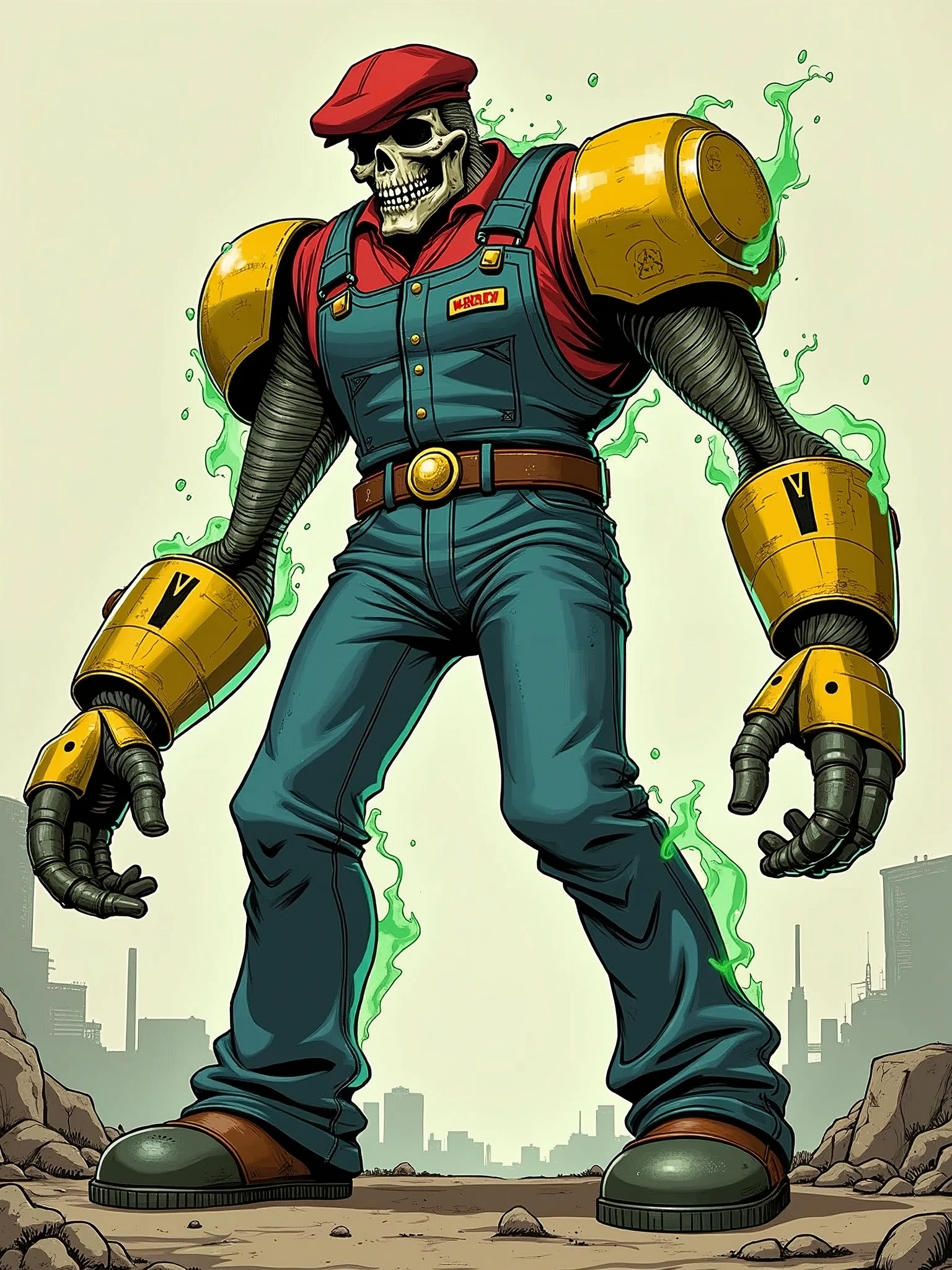 A serious monster character, he's a colossal giant with long legs, who wears blue plumber clothes with a red blouse underneath, he has a red beret. He has yellow robotic parts on his body exuding radioactive green energy, his face is skeletal denified by radiation, he wears remnants of radioactive yellow suit., RPG Character Art Style, Full Body, Manga Art Style