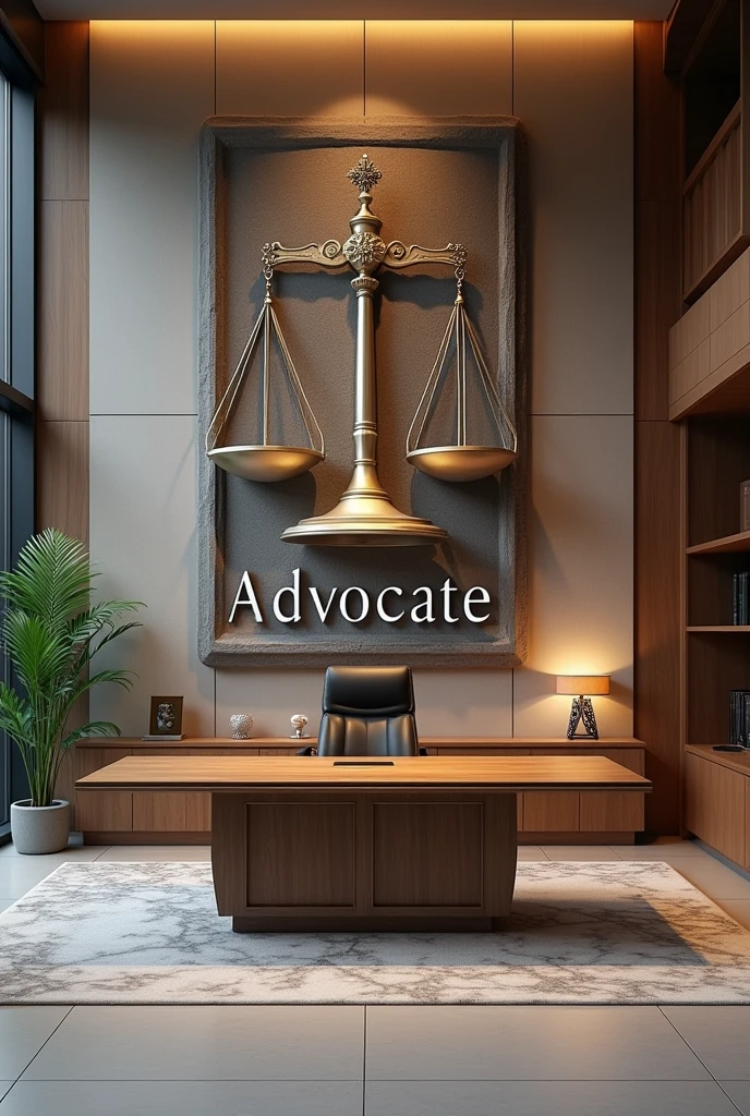 Interior decor for an advocate office with beautiful wall sculpture on one wall with advocate written on it and with symbol of justice balance scale 