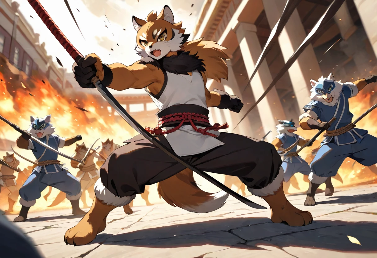 top quality, high-quality illustrations((masterpiece))depth of field, motion blur, absurdres, Perfect Anatomy, magnificent picture of kemono fighting fierce battles, kemono, 1boy, solo focus, Anthro((dramatic))epic, weapon, dynamic pose, One scene of movie,