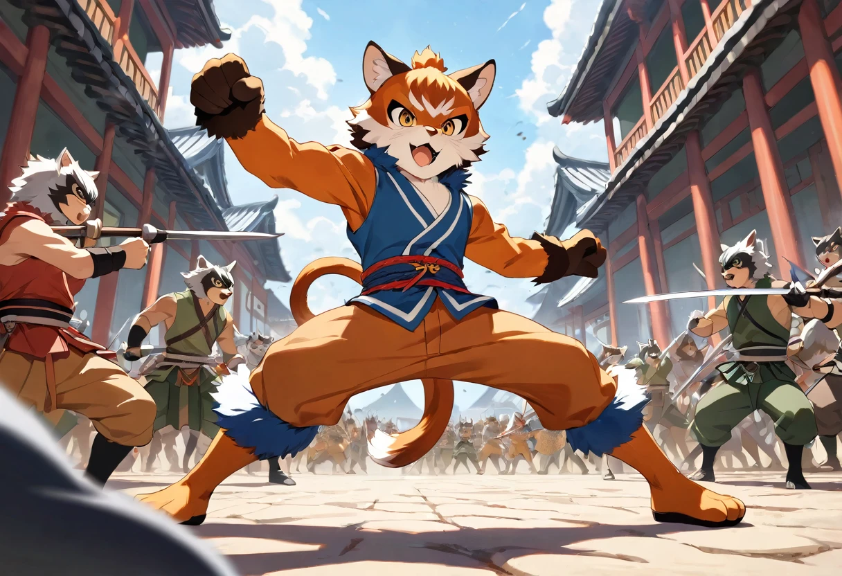 top quality, high-quality illustrations((masterpiece))depth of field, motion blur, absurdres, Perfect Anatomy, magnificent picture of kemono fighting fierce battles, kemono, 1boy, solo focus, Anthro((dramatic))epic, weapon, dynamic pose, One scene of movie,