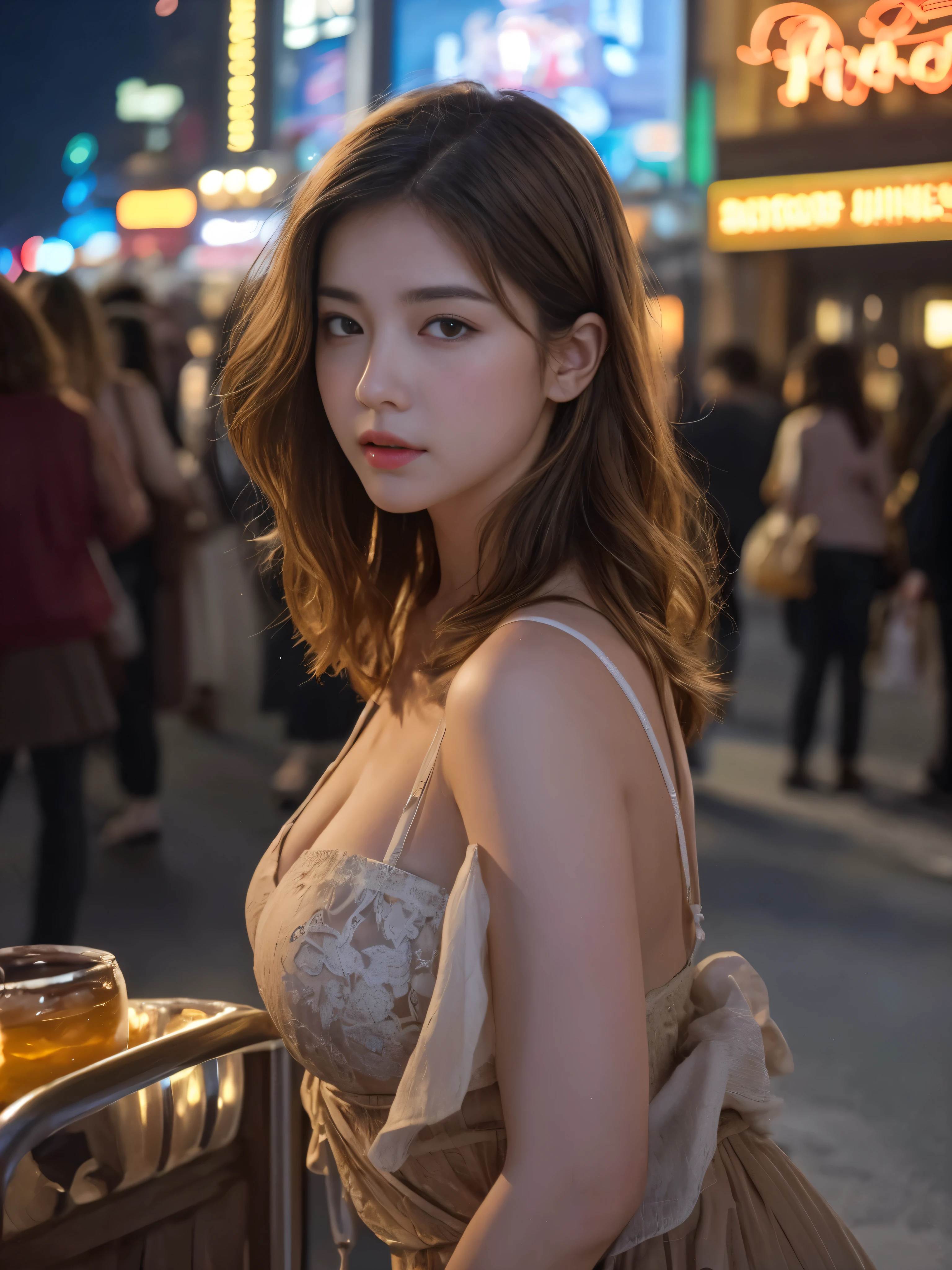 best quality、masterpiece、Super high resolution、(photoreal:1.5)、RAW photos、1 girl、Shoulders slumped、deep shadows、Unnoticeable、cold light、sexy look、brown highlighted hair、Short hair、wavy hair、turned into mucus、slim、Night view of the entertainment district, upper body shot