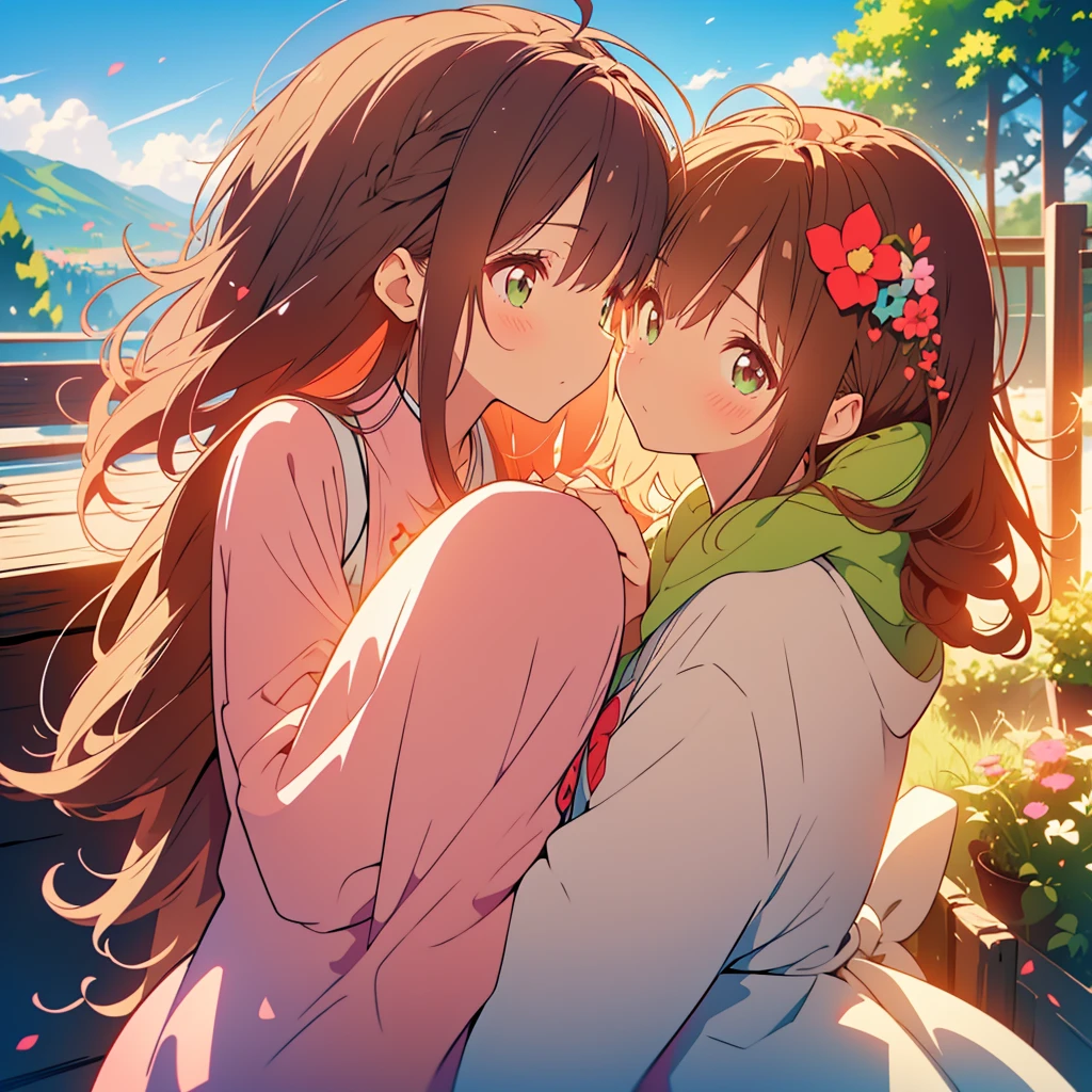 kawaii, anime, Cute, hyper quality, highly detailed, 8k, Clarity, Draw facial expressions in detail, A young girl with short light pink hair and scarlet eyes., swiss plateau, alps mountains, rainbow, daytime, clear sky, Girl with long dark brown hair and green eyes, good friends, marriage, smile, (Let me stay by your side for the rest of my life, stay by my side for the rest of my life, and do my best to never leave you), confession, hoodie, kiss,