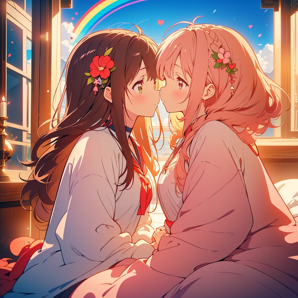 kawaii, anime, Cute, hyper quality, highly detailed, 8k, Clarity, Draw facial expressions in detail, A young girl with short light pink hair and scarlet eyes., swiss plateau, alps mountains, rainbow, daytime, clear sky, Girl with long dark brown hair and green eyes, good friends, marriage, smile, (Let me stay by your side for the rest of my life, stay by my side for the rest of my life, and do my best to never leave you), confession, hoodie, kiss,