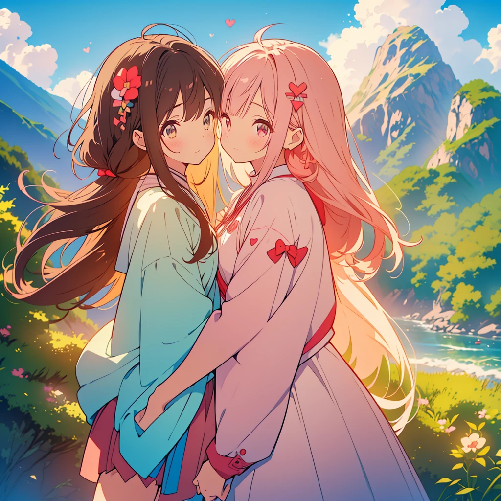 kawaii, anime, Cute, hyper quality, highly detailed, 8k, Clarity, Draw facial expressions in detail, red balsam, Impatiens balsamina, colorful balsam, A young girl with light pink hair and scarlet eyes., A girl with long dark brown hair and green eyes, smile, Dynamic feeling, whole body, hug, tears, Overflowing feelings, drawing two people, hug and kiss, hoodie, height difference,