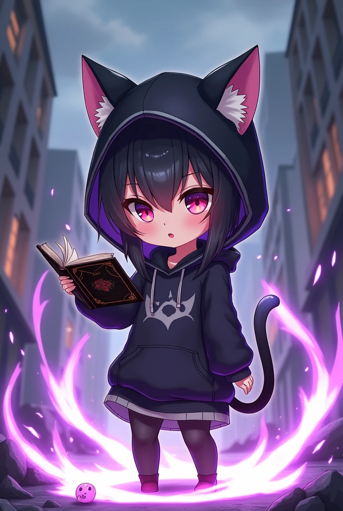 Anime figure of a girl with cat ears, hooded sweatshirt, Anime moe art style, demon slayer rui fanart, chibi!!! Catgirl, Chibi Anime Girl, black-haired magician white strands with black open magic book with decorations in one hand, Anime-Chibi, anime Catgirl, Mihoyo art style, advanced digital chibi art, chibi art, black and white clothing, Several magic circles in different colors fly around the girl, background destroyed city, a cock, more purple flashes!!!