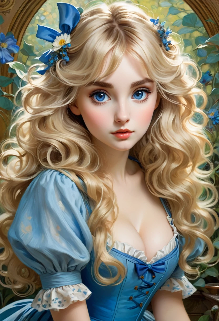 Alice in Wonderland With big messy Blonde Hair, Big Eyes, Adorable Features, Natural Hourglass Figure, Wearing blue dress, Fair Skin, And A Low-Cut, Resembling The Beauty Of Alphonse Mucha's Artwork And Impressionist Paintings By Artists Like Konstantin Razumov And Pierre-Auguste Renoir. The Portrait Is Detailed And Textured, Reminiscent Of Claude Monet's Style.