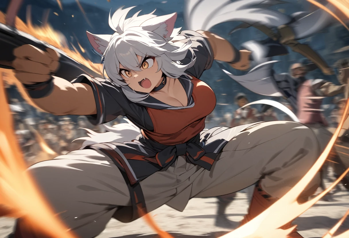 top quality, high-quality illustrations((masterpiece))depth of field, motion blur, absurdres, Perfect Anatomy, magnificent picture of kemono fighting fierce battles, kemono, 1boy, solo focus, Anthro((dramatic))epic, weapon, dynamic pose, One scene of movie,