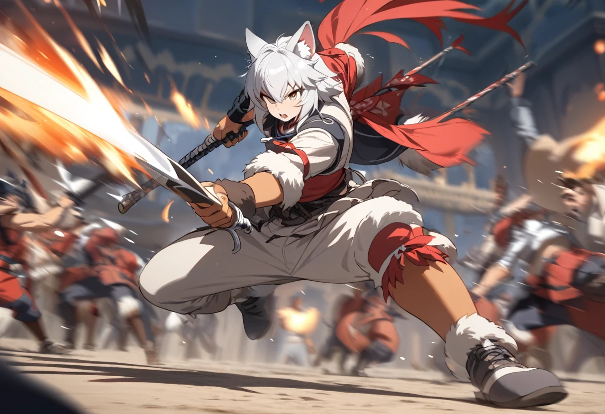 top quality, high-quality illustrations((masterpiece))depth of field, motion blur, absurdres, Perfect Anatomy, magnificent picture of kemono fighting fierce battles, kemono, 1boy, solo focus, Anthro((dramatic))epic, weapon, dynamic pose, One scene of movie,