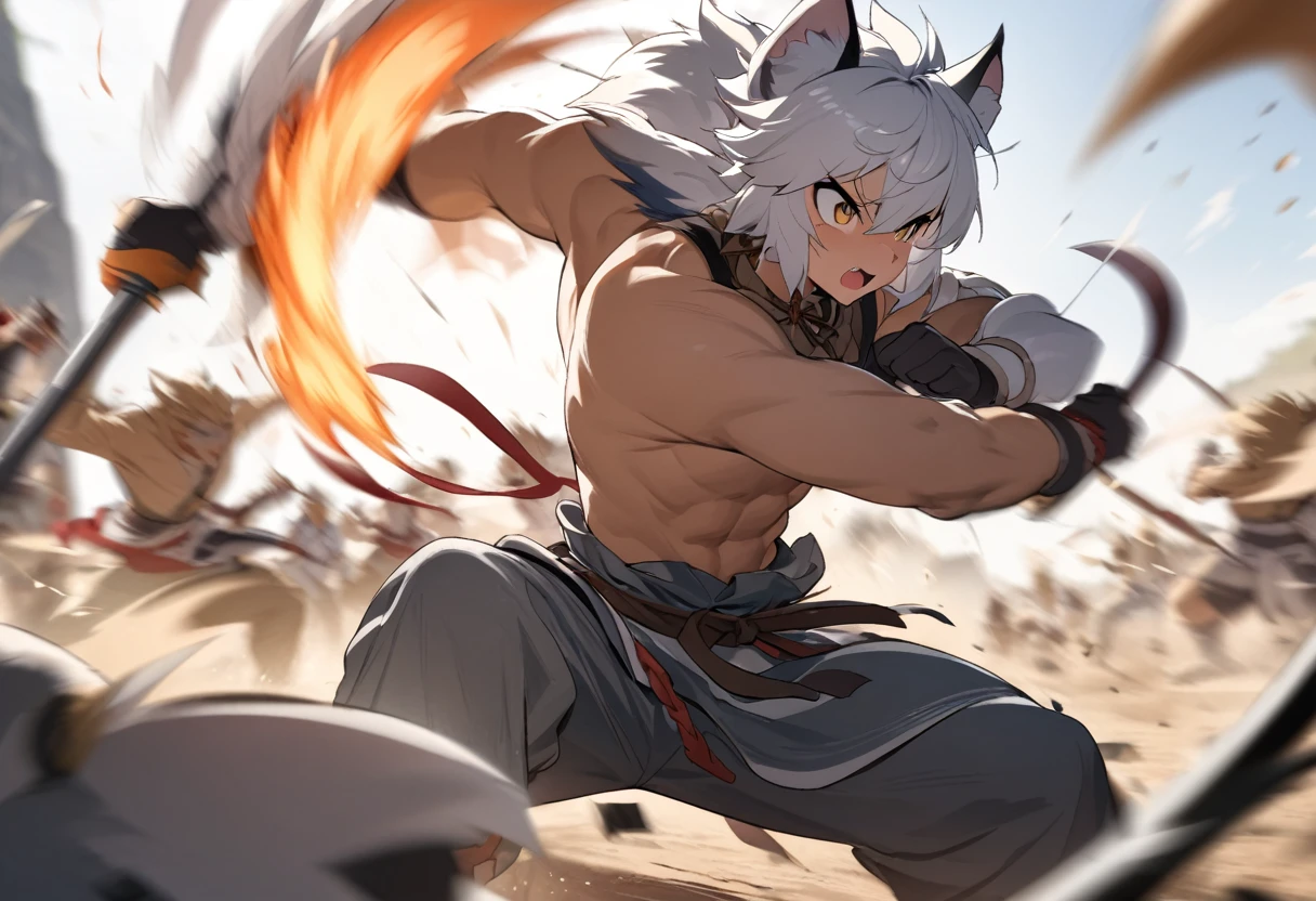 top quality, high-quality illustrations((masterpiece))depth of field, motion blur, absurdres, Perfect Anatomy, magnificent picture of kemono fighting fierce battles, kemono, 1boy, solo focus, Anthro((dramatic))epic, weapon, dynamic pose, One scene of movie,
