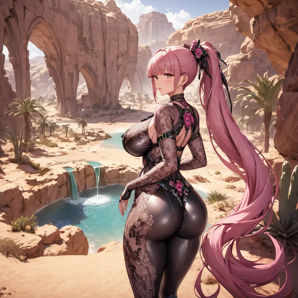 Eve with huge breasts in a tight lace suit with Mexican pink technological decorations in the desert with an oasis, very long hair with a ponytail on her back showing her butt