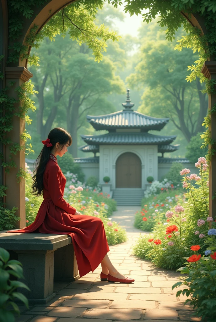 a girl seating in a beautiful garden inside her university with her red uniform.