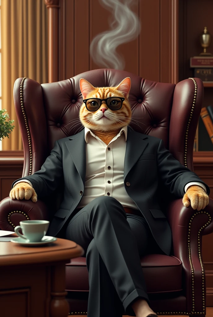 A cool cat sitting in a boss chair with glasses and smoking