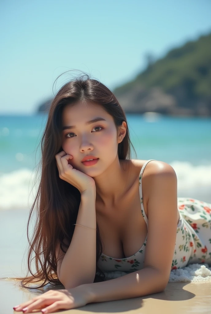 (full body shot:1) photorealistic image of a (laying pose:1) woman, ultrarealistic, photography, straight long dark brown hair, asian woman, beautiful cute sexy asian 20 years old woman, hourglass figure, perfect body, Flirty look, natural big breasts, big chest, big breats, laying forward down at the sea, enjoying her time, wearing a cute summer dress