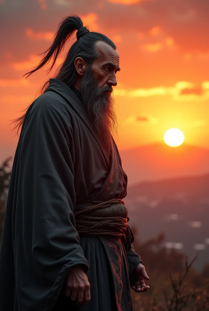 Pickle man, wise old man face, samurai costume, realist, sunset, musashi.