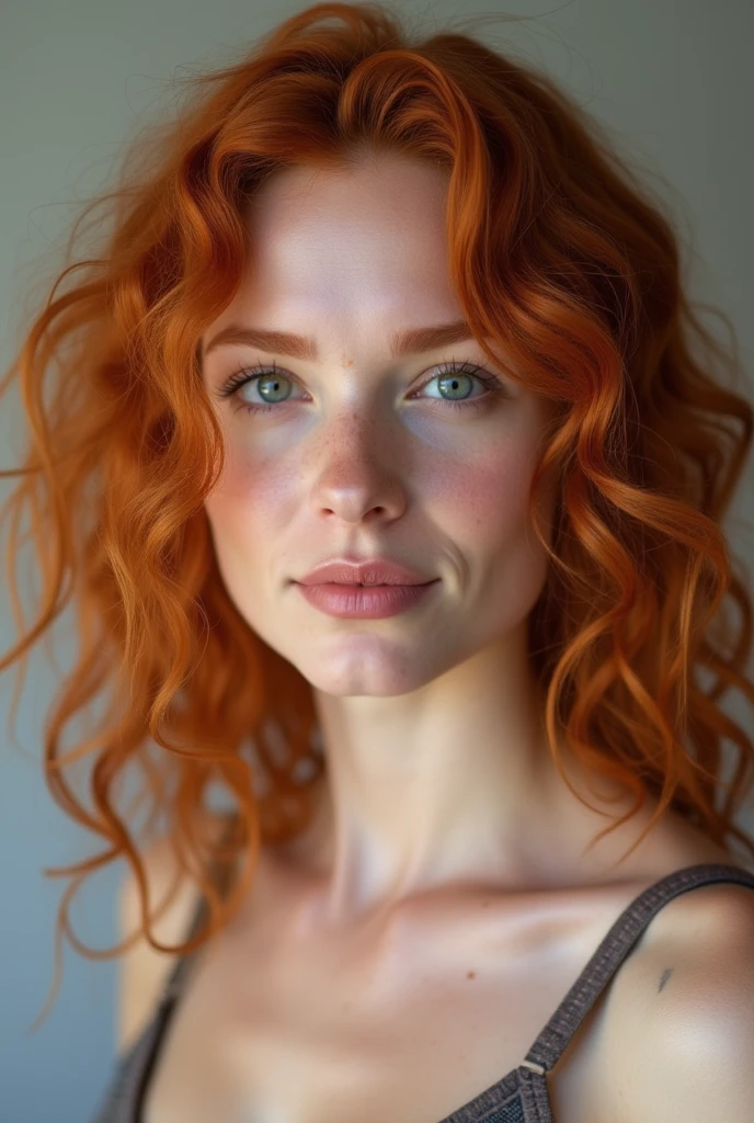 Woman with a curly strawberry-red hair of Irish heritage. Pale-creamy white skin with cute little freckle, long slender legs, and a nice, frame that held a pair of firm 32B breasts.
