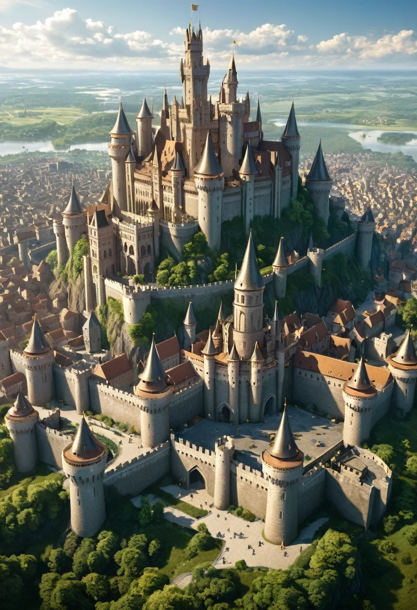 a scene of a giant city within a kingdom with a large castle in the center with tall, bronze-colored towers