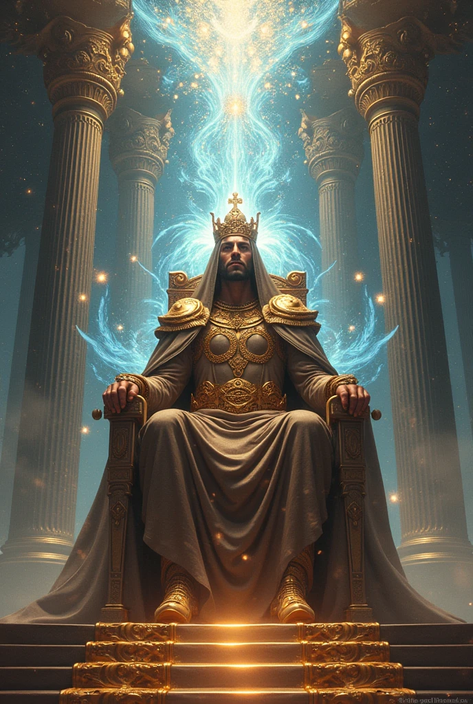 A gleaming sapphire throne with a being that looks like a man on it. There's what looks like burning bronze around his waist and his lower body looks like fire. Tbere is what looks like a full round rainbow all around the throne. Make it look realistic. He dwells in unapproachable bright light