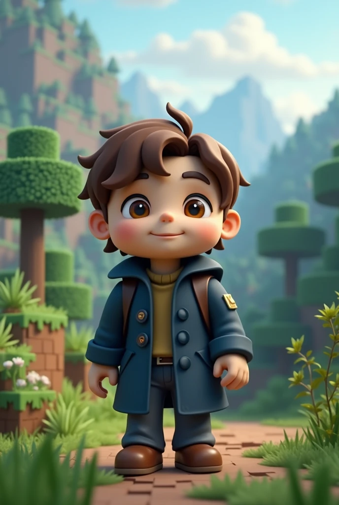 a minecraft boy with brown wavy hair with brown eyes and a dark blue coat