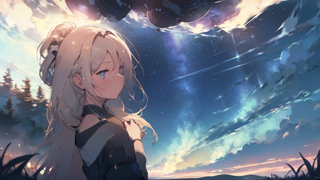 AN-94 (Girls' Frontline), ((1girl)), ((view from behind)), (masterpiece, high quality, enchanting illustration:1.3), (girl standing in a field beneath a big tree:1.2), (overlooking a starry sky with a visible huge planet descending:1.2), (capturing a moment of cosmic wonder and awe:1.2), (lush greenery and majestic tree framing the scene:1.1), (sparkling stars dotting the night sky:1.1), (giant planet on the horizon adding a sense of grandeur:1.2), (dreamlike atmosphere blending reality with fantasy:1.2), (mysterious and magical ambiance in the setting:1.2), (immersive composition drawing viewers into a celestial moment:1.2), (creating a blend of nature and the cosmos in a mesmerizing scene:1.3), (evoking a feeling of tranquility and curiosity under the vast starlit sky:1.2), (enchanting the audience with a breathtaking encounter under the cosmic).