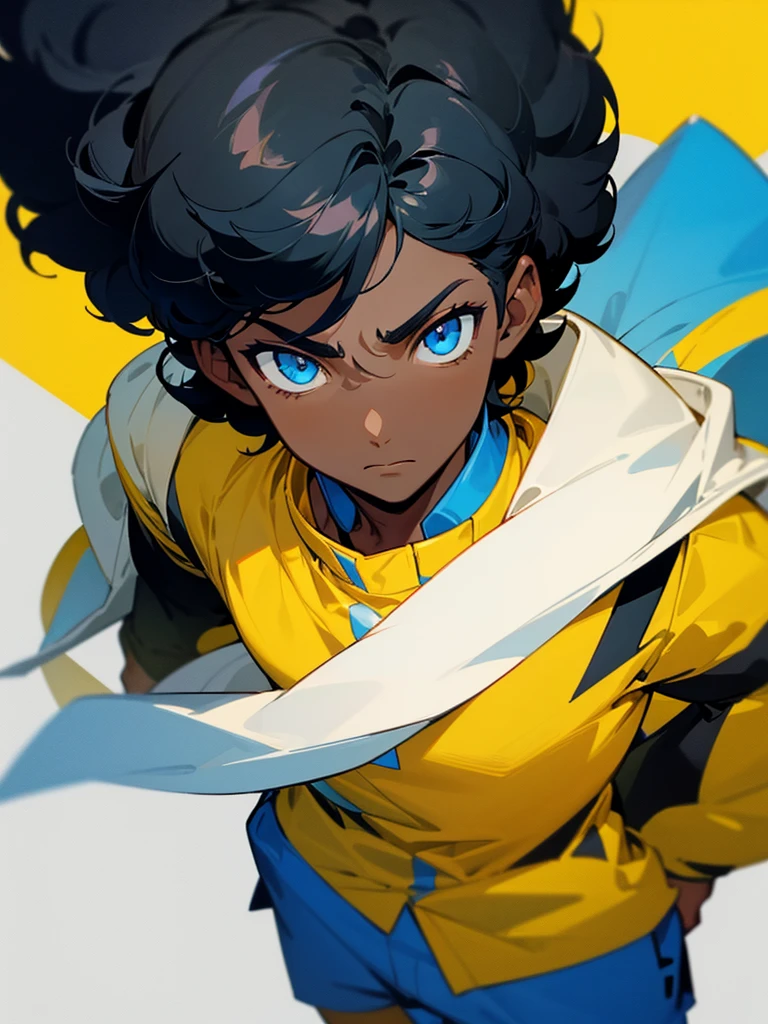 Image of a dark skinned boy with curly black hair, with blue eyes and wearing a yellow shirt and on top a white jacket with blue details based on the style of a pokemon trainer