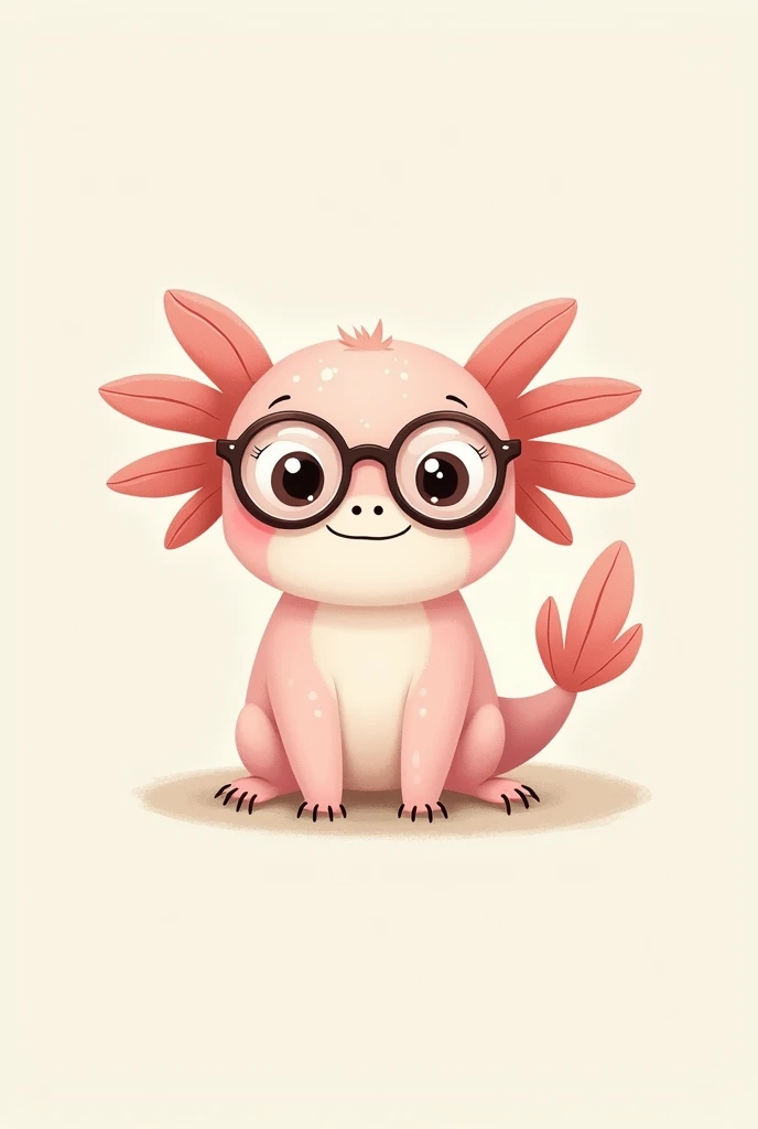 Create a drawing of a happy, glasses-wearing axolotl that also has long gills for a logo for a baby clothing brand called "Cuddle"