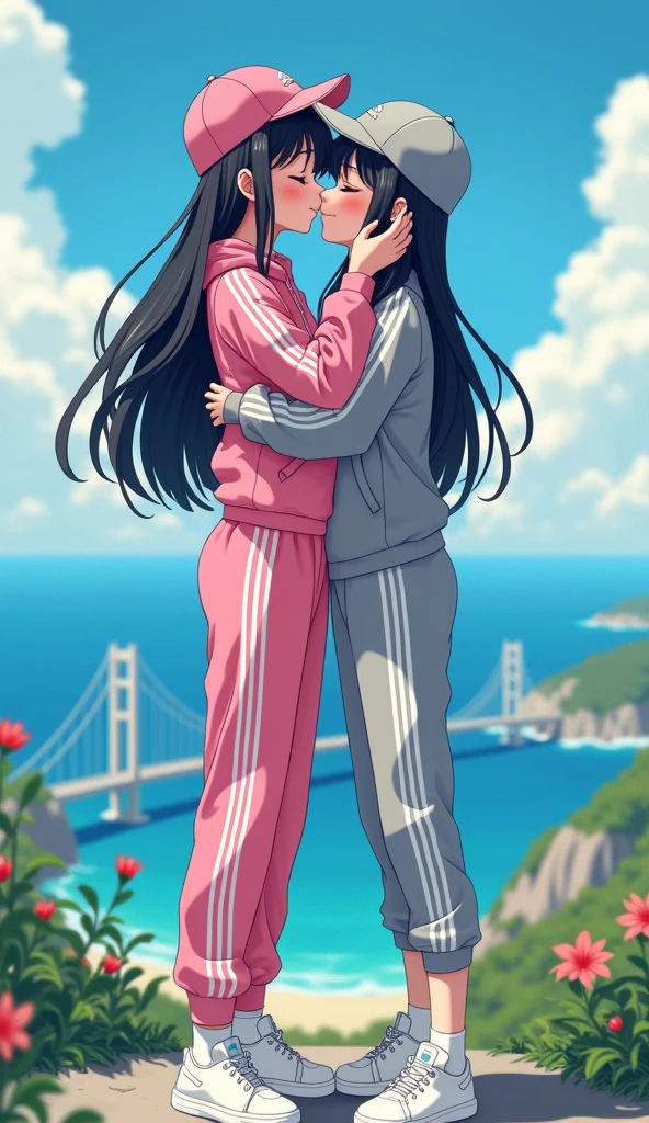 Two girls long black hairs, yuri,
(The first girl wear a pink adidas pants, pink adidas cap)
(The second girl wore a grey adidas pants, grey adidas cap)
white socks, white sneakers, french kiss, lesbian kiss, hugging, sensual body, closed eyes, blue sky, ocean long bridge, novel cartoon, 4K, HD