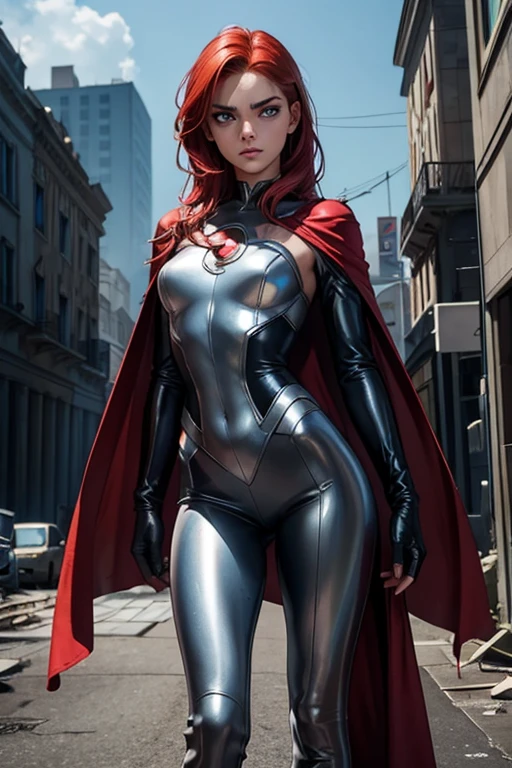 1 young woman, She is a superhero, She is very thin, skinny girl, Her suit is silver and he has a long shiny cape., her outfit is very sexy, Revealing clothes, Her breasts are small and beautiful, Her buttocks are small and perfect, toned abdomen, perfect waist, very beautiful blue eyes, Very bright red hair, clear skin and perfect complexion, Cara nervous part, powerful, It is in a place destroyed by zombies, apocalyptic city, destroyed city, fight to survive, zombies attack her, high definition quality, ultra realistic, perfect photography, ultra 4k, the best definition realistic photography.