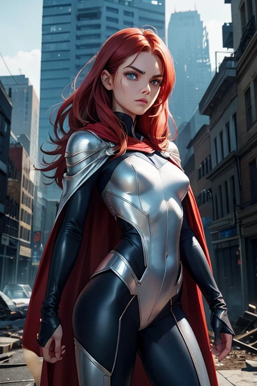 ung woman, She is a superhero, She is very thin, skinny girl, Her suit is silver and he has a long shiny cape., her outfit is very sexy, Revealing clothes, Her breasts are small and beautiful, Her buttocks are small and perfect, toned abdomen, perfect waist, very beautiful blue eyes, Very bright red hair, clear skin and perfect complexion, Cara nervous part, powerful, It is in a place destroyed by zombies, apocalyptic city, destroyed city, fight to survive, zombies attack her, high definition quality, ultra realistic, perfect photography, ultra 4k, the best definition realistic photography.