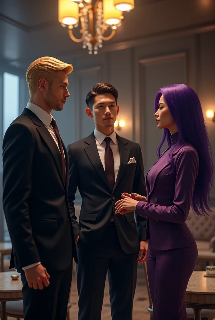 Handsome blond man, man with beautiful brown hair, woman with asian features and beautiful long purple hair, gta, 3 people, SOCIAL CLOTHES, beautiful, mobsters, Italian Mafia, business partners, sem romance