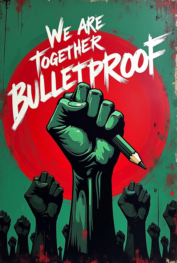 A graffiti draft with acrylic paint, "We are together bulletproof" message will be highlighted, background would be Bangladeshi flag, will reflect Revolution, unity regardless gender, religion,race, it's about the revolution of Bangladesh that happened in 2024,a fist sign should be added which's edge also end up becoming pencil that reflects education, make it simple,easy to draw but beautiful, should speak about revolution. The spark about revolution inside the young generation in Bangladesh against crime, discrimination, should talk about unity, no Israel or LGBTQ
Easy and "We are together bulletproof" message should be highlighted boldly and bigger, add few more easy to draw fist