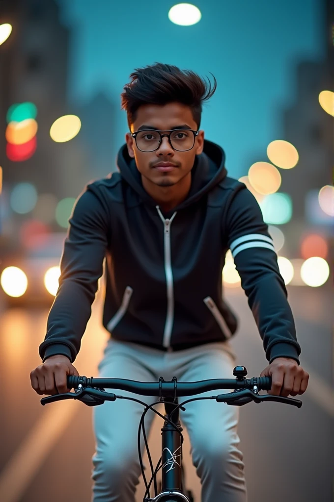 A 20-year-old Indian boy is riding a racing bike, wearing a stylish black and white hoodie paired with white jeans. His glasses catch the light as he looks directly at the camera with a confident expression. The cityscape in the background is dynamic, with blurred buildings and street lights creating a sense of speed and motion. The scene conveys youthful energy and an adventurous urban vibe.