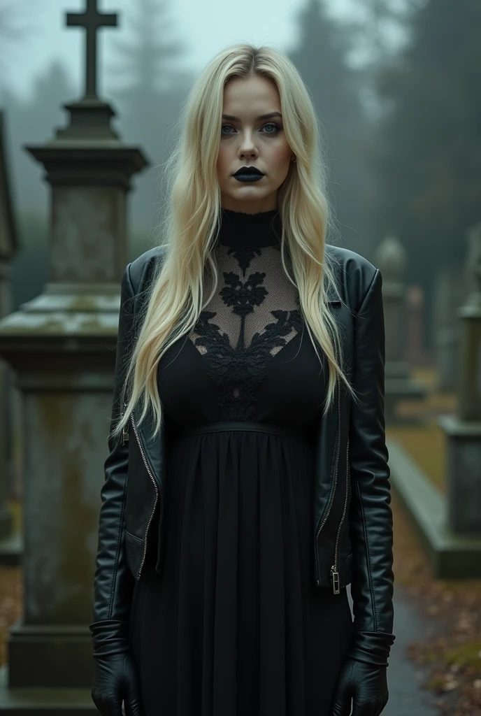 raw-photo, (beautiful gothic girl with angelic face), ((kate Backinsale)), ((blonde long hair)), (HUGE breasts), (gothic), dark theme, horor, disturbing, Doubt, Black high neck lace dress, leather jacket, and knee-high heeled boots, Dark lip liner with a lighter shade of lipstick in the center for a gradient effect, scary and haunted cemetery , (analog style:1.2), (film grain:1.2), (high detail shiny skin:1.2), 8k hd, dslr, soft lighting, high qualiy, film grain, Fujifilm XT3, perfect lighting, perfect shading.