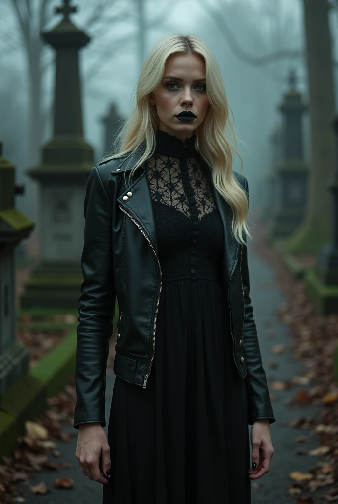 raw-photo, (beautiful gothic girl with angelic face), ((kate Backinsale)), ((blonde long hair)), (HUGE breasts), (gothic), dark theme, horor, disturbing, Doubt, Black high neck lace dress, leather jacket, and knee-high heeled boots, Dark lip liner with a lighter shade of lipstick in the center for a gradient effect, scary and haunted cemetery , (analog style:1.2), (film grain:1.2), (high detail shiny skin:1.2), 8k hd, dslr, soft lighting, high qualiy, film grain, Fujifilm XT3, perfect lighting, perfect shading.