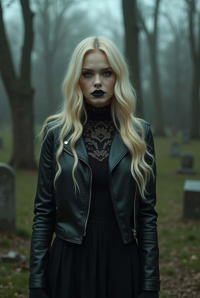 raw-photo, (beautiful gothic girl with angelic face), ((kate Backinsale)), ((blonde long hair)), (HUGE ), (gothic), dark theme, horor, disturbing, Doubt, Black high neck lace dress, leather jacket, and knee-high heeled boots, Dark lip liner with a lighter shade of lipstick in the center for a gradient effect, scary and haunted cemetery , (analog e:1.2), (film grain:1.2), (high detail shiny skin:1.2), 8k hd, dslr, soft lighting, high qualiy, film grain, Fujifilm XT3, perfect lighting, perfect shading.