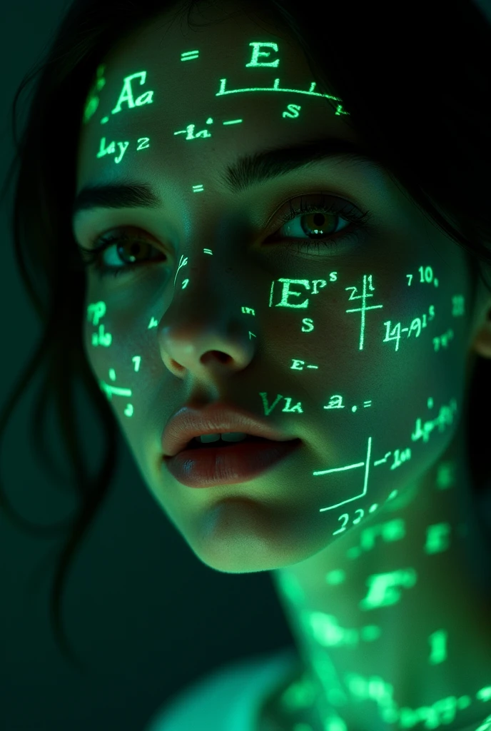 Close-up of woman's face, glowing green holographic equations projected onto skin. Intense gaze, realistic features. Dark background, cyberpunk aesthetic. Luminous mathematical formulas, handwritten style. Futuristic, high-tech atmosphere. Photorealistic rendering, dramatic lighting, sharp contrast