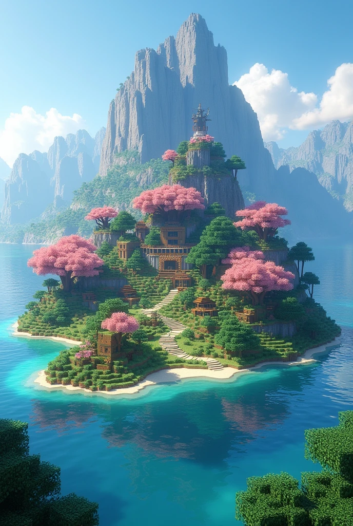 A minecraft paradise island with cherry trees mark Paradise Craft Island in minecraft typography