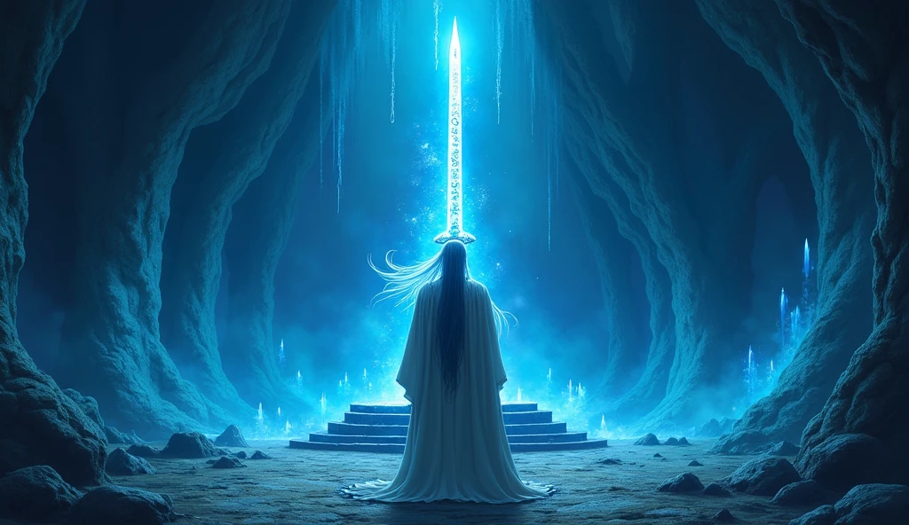 ((best quality))The interior of a mystical cave illuminated by blue crystals. Shin stands in front of a stone altar, holding an ancient, gleaming sword, with glowing runes engraved on the blade. His expression is one of astonishment and determination.