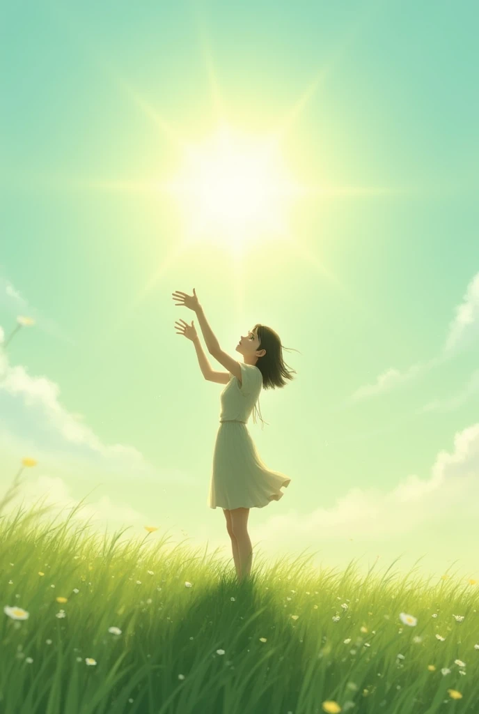 A waving her hands showing back and watching sun before a a greenish field in a sunny day