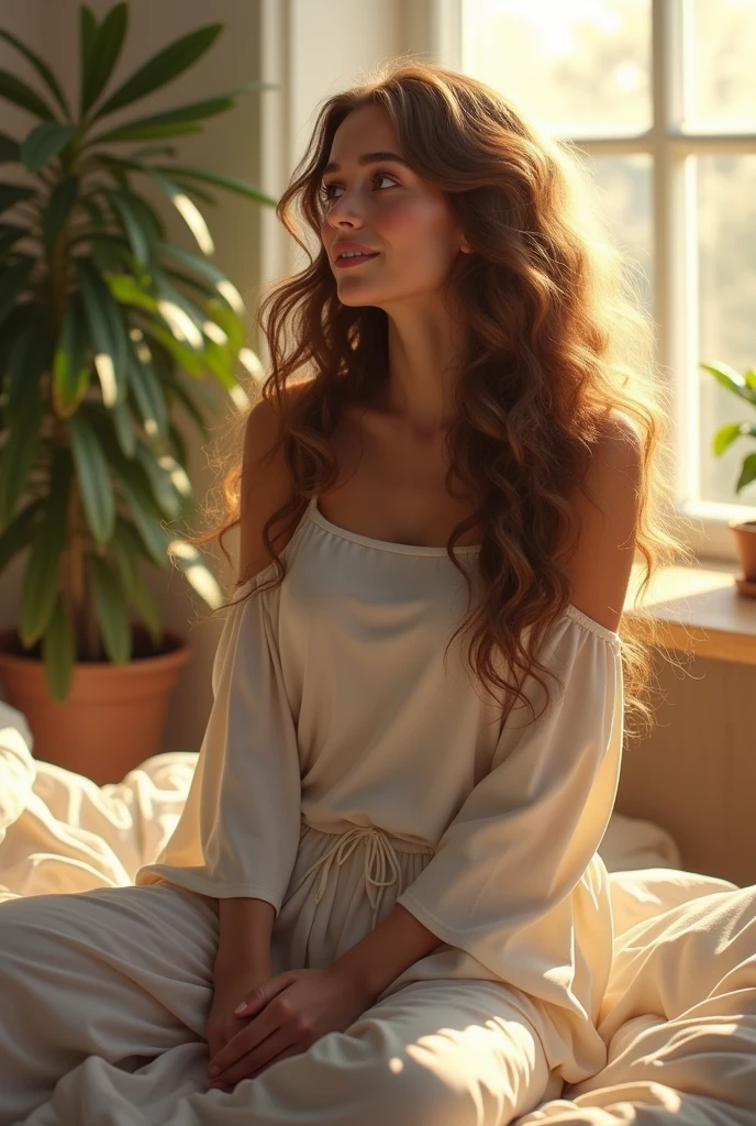 (photorealism:1.2), beautiful woman, sitting on bed, wearing loose off-shoulder top, pajama pants, long curly hair, indoors, soft lighting, plants in background, window with sunlight, cozy room, relaxed pose, realistic, intricate details, warm colors, by Greg Rutkowski, by Alphonse Mucha