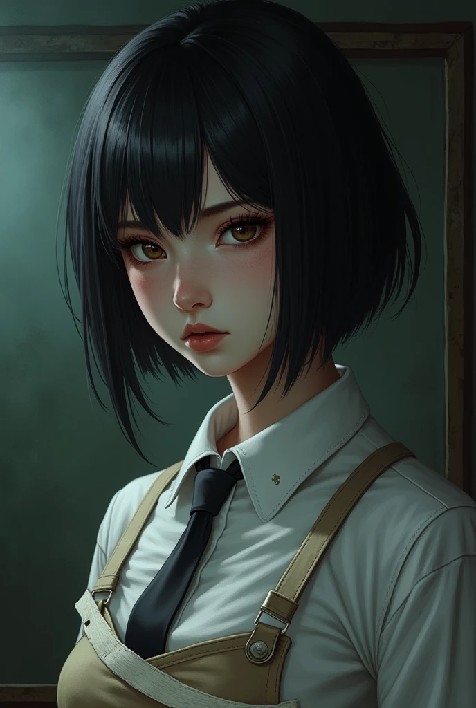 ((masterpiece, best quality)), (1 Girl), (Solitary), (Women&#39;s Focus), night (Chainsaw Man),(Very rich facial details, Real images, Realistic white skin, Realistic body, Intricate details), Upper Body, Serious , Brown eyes, Looking at the audience, bandage over the body, Black Hair, Long-sleeved shirt, Apron Dress, Black tie, bandage, bandage, Small Breasts